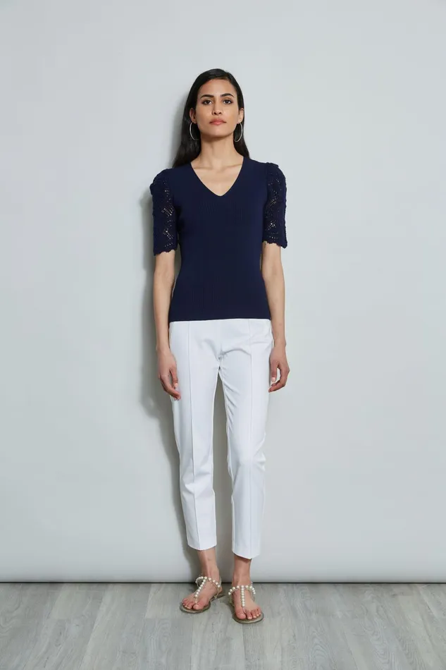 Outlet 8211 Women Tops Elie Tahari Crochet Sleeve VNeck Sweater Peacoat