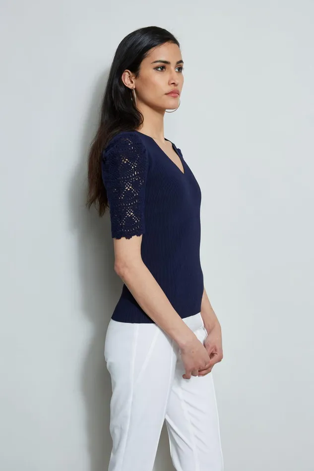 Outlet 8211 Women Tops Elie Tahari Crochet Sleeve VNeck Sweater Peacoat