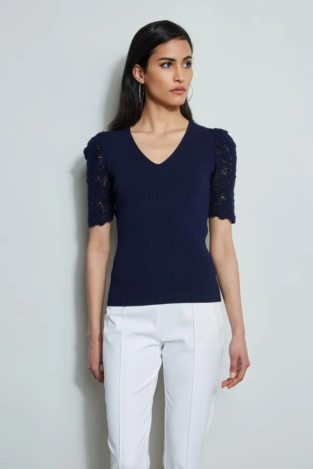 Outlet 8211 Women Tops Elie Tahari Crochet Sleeve VNeck Sweater Peacoat