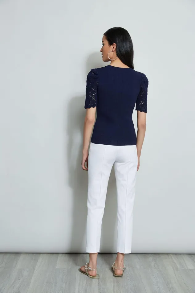 Outlet 8211 Women Tops Elie Tahari Crochet Sleeve VNeck Sweater Peacoat