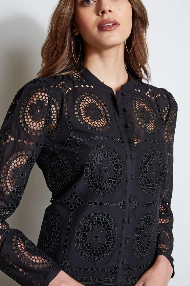 Outlet 8211 Women Tops Elie Tahari Lace Button Shirt Black