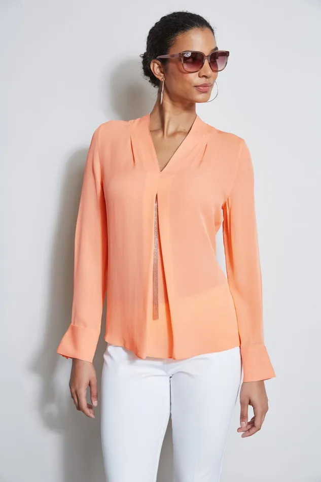 Outlet 8211 Women Tops Elie Tahari Long Sleeve Chain Shirt Tangerine