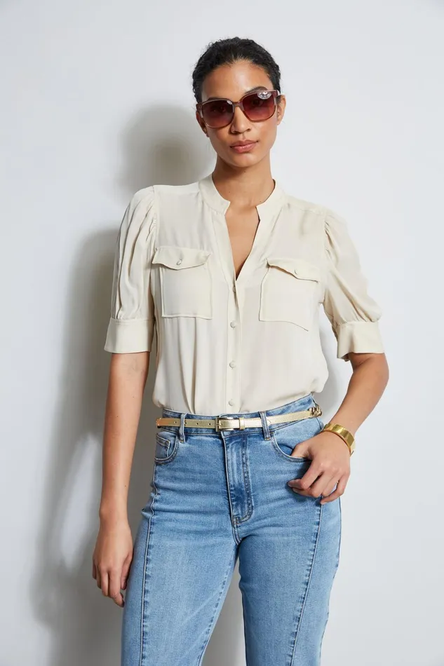 Outlet 8211 Women Tops Elie Tahari Short Sleeve Silk Utility Shirt Driftwood