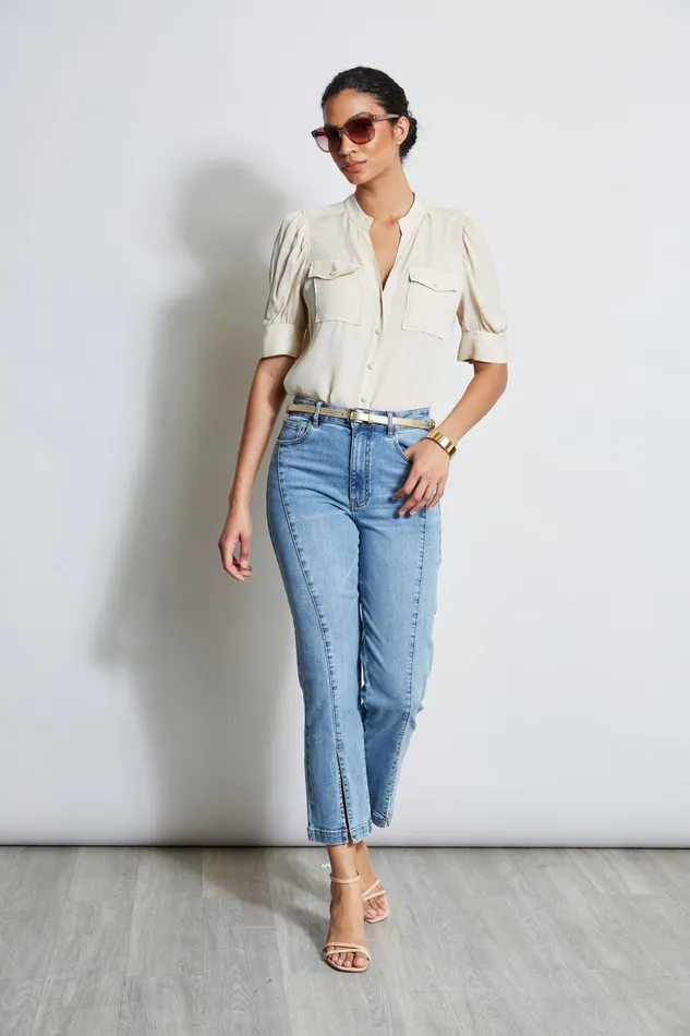Outlet 8211 Women Tops Elie Tahari Short Sleeve Silk Utility Shirt Driftwood