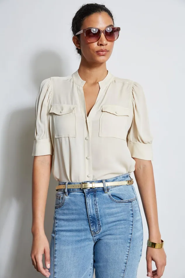 Outlet 8211 Women Tops Elie Tahari Short Sleeve Silk Utility Shirt Driftwood