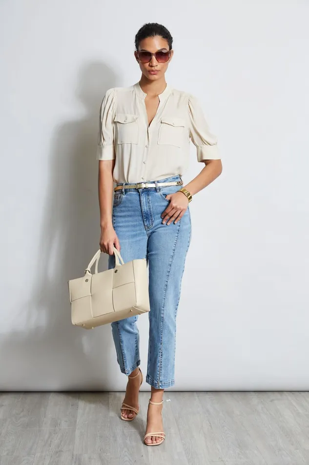 Outlet 8211 Women Tops Elie Tahari Short Sleeve Silk Utility Shirt Driftwood