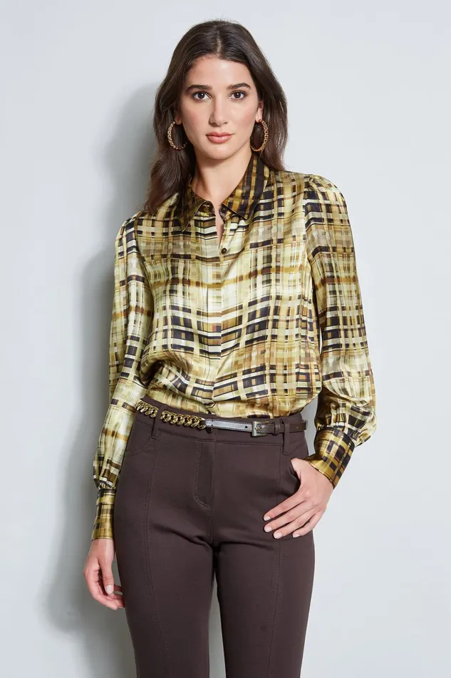 Outlet 8211 Women Tops Elie Tahari Silk Satin Bauhaus Plaid Shirt Olive Multi