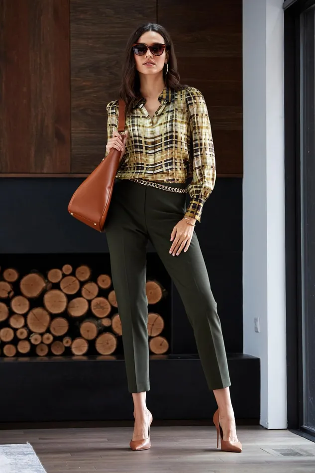 Outlet 8211 Women Tops Elie Tahari Silk Satin Bauhaus Plaid Shirt Olive Multi