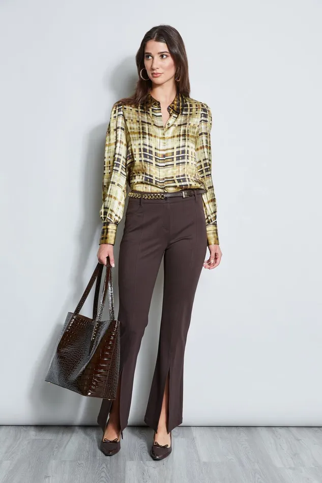 Outlet 8211 Women Tops Elie Tahari Silk Satin Bauhaus Plaid Shirt Olive Multi