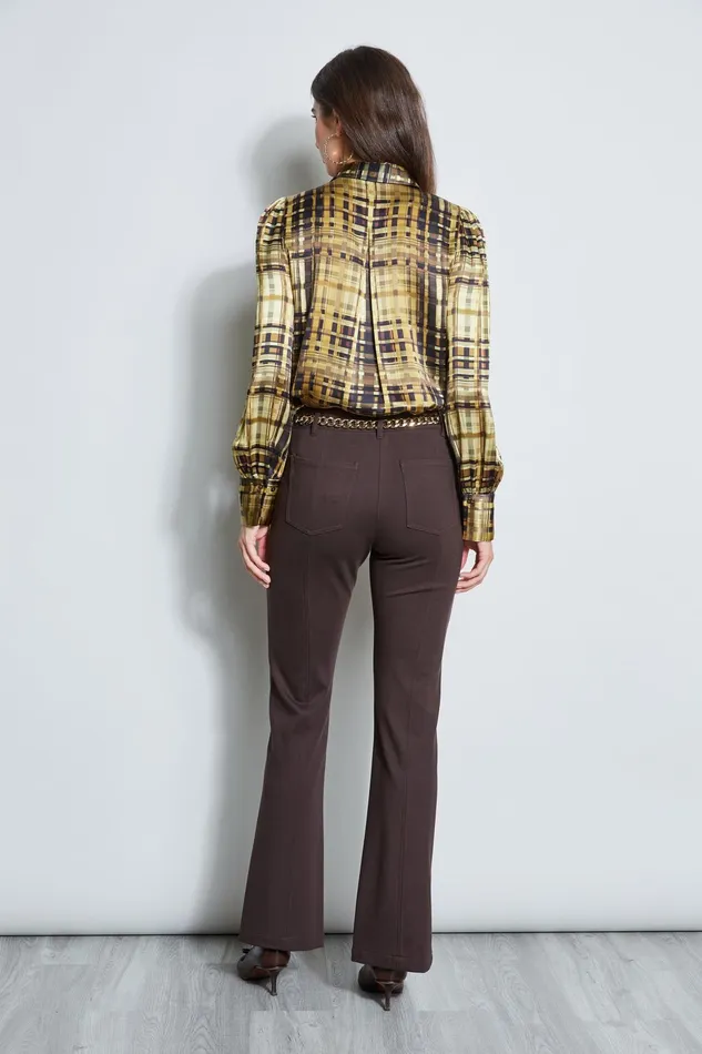 Outlet 8211 Women Tops Elie Tahari Silk Satin Bauhaus Plaid Shirt Olive Multi