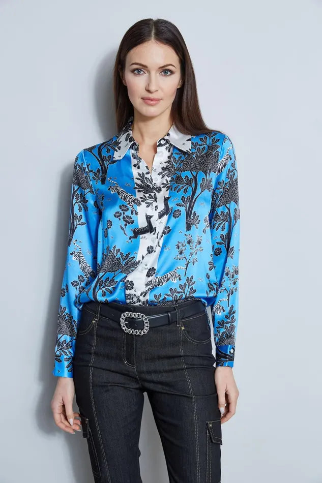 Outlet 8211 Women Tops Elie Tahari Silk Satin Mystic Safari Shirt Multi