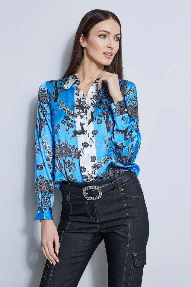 Outlet 8211 Women Tops Elie Tahari Silk Satin Mystic Safari Shirt Multi