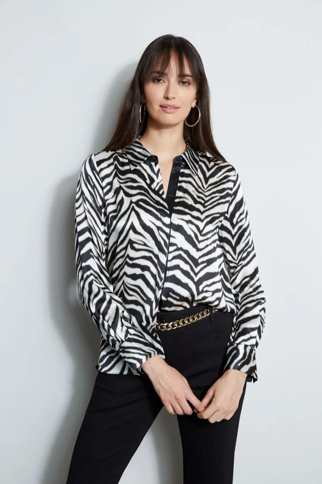 Outlet 8211 Women Tops Elie Tahari Silk Zebra Button Down Shirt Black Multi
