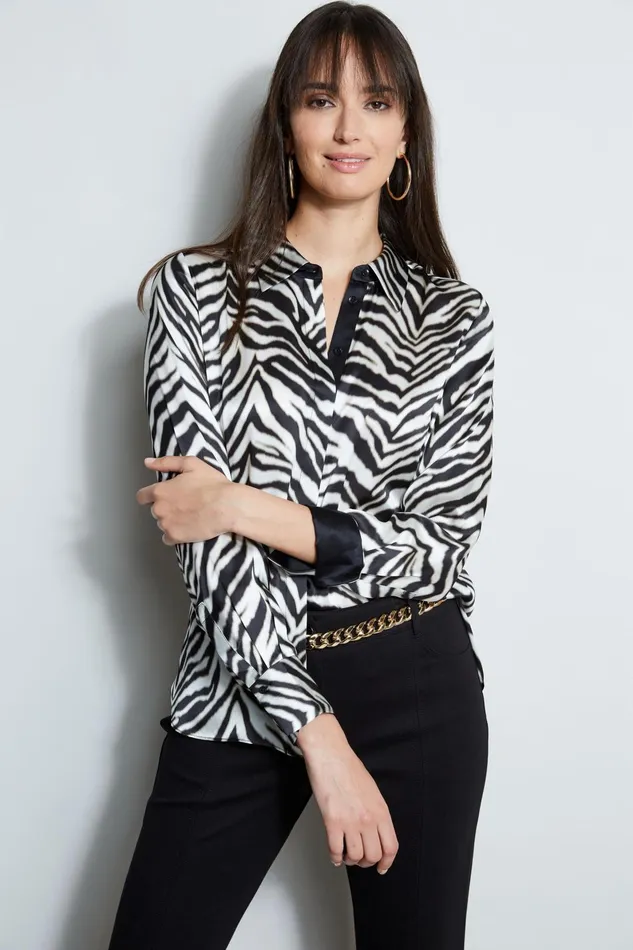 Outlet 8211 Women Tops Elie Tahari Silk Zebra Button Down Shirt Black Multi