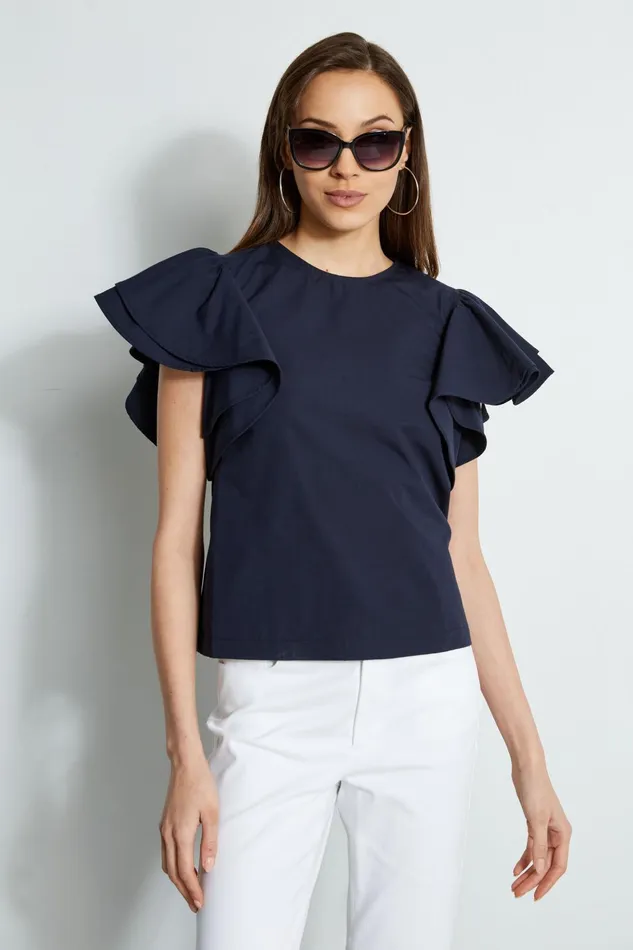 Outlet 8211 Women Tops Elie Tahari Tiered Flutter Sleeve Cotton Shirt Peacoat