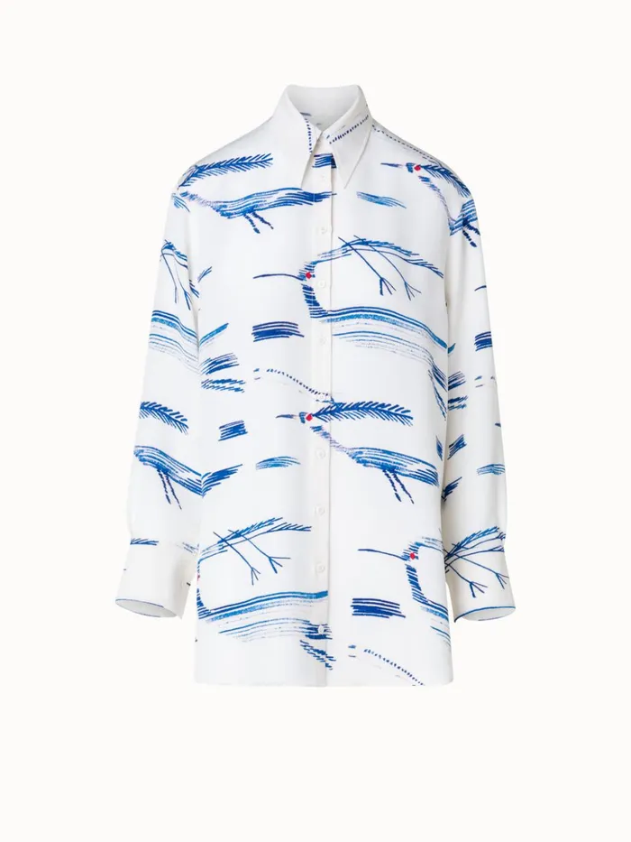 Oversized Silk Tunic Blouse With Kasuri Birds Print Ecrudenim Women Akris Blouses