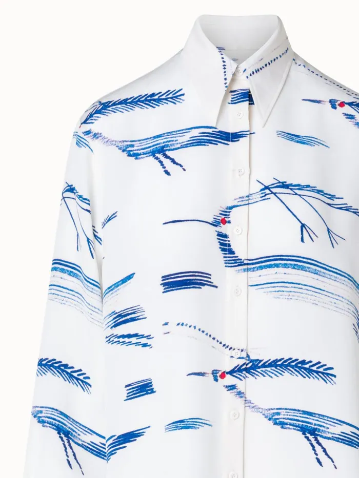 Oversized Silk Tunic Blouse With Kasuri Birds Print Ecrudenim Women Akris Blouses