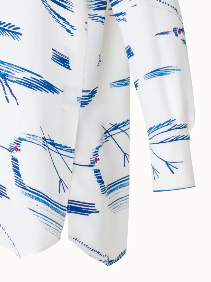 Oversized Silk Tunic Blouse With Kasuri Birds Print Ecrudenim Women Akris Blouses