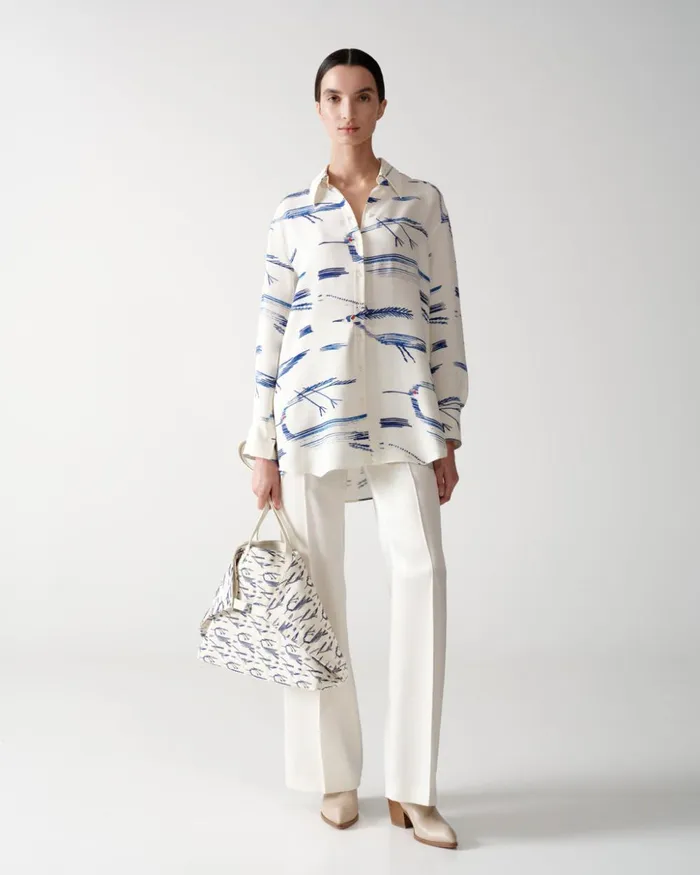 Oversized Silk Tunic Blouse With Kasuri Birds Print Ecrudenim Women Akris Blouses
