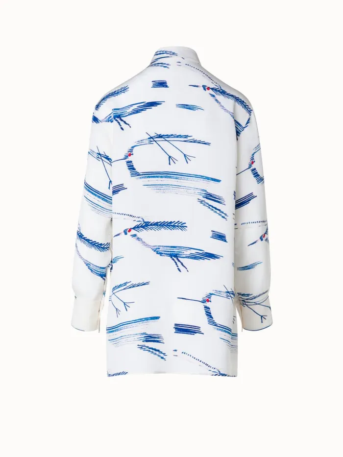 Oversized Silk Tunic Blouse With Kasuri Birds Print Ecrudenim Women Akris Blouses