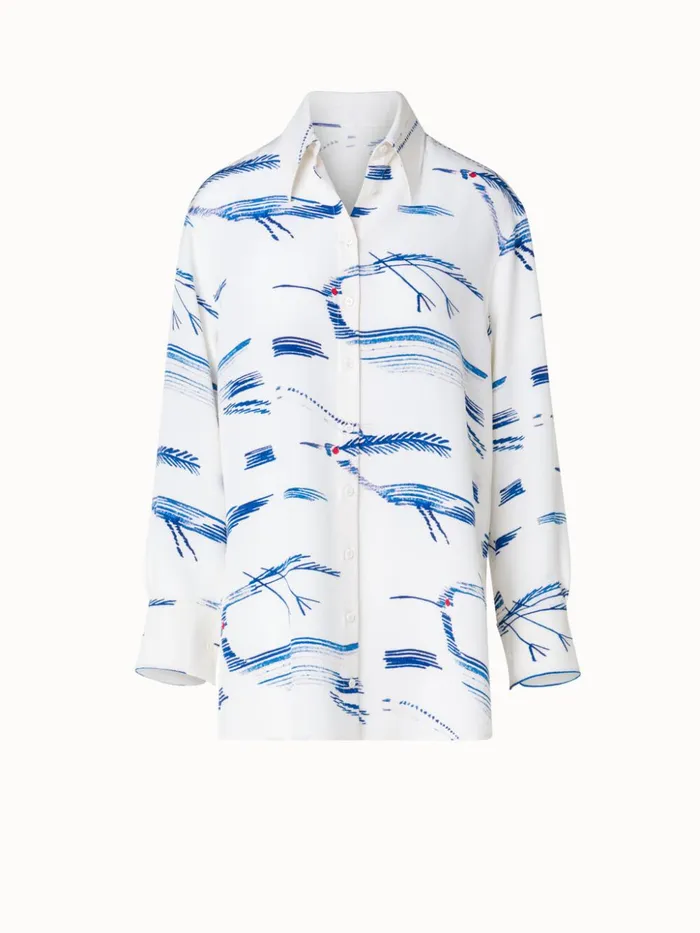 Oversized Silk Tunic Blouse With Kasuri Birds Print Ecrudenim Women Akris Blouses