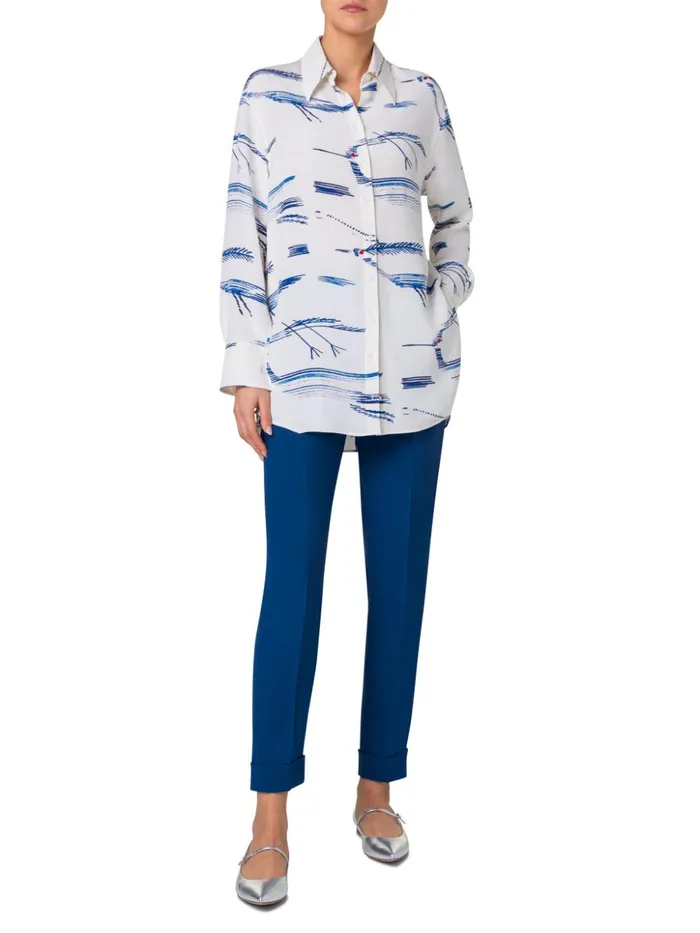 Oversized Silk Tunic Blouse With Kasuri Birds Print Ecrudenim Women Akris Blouses