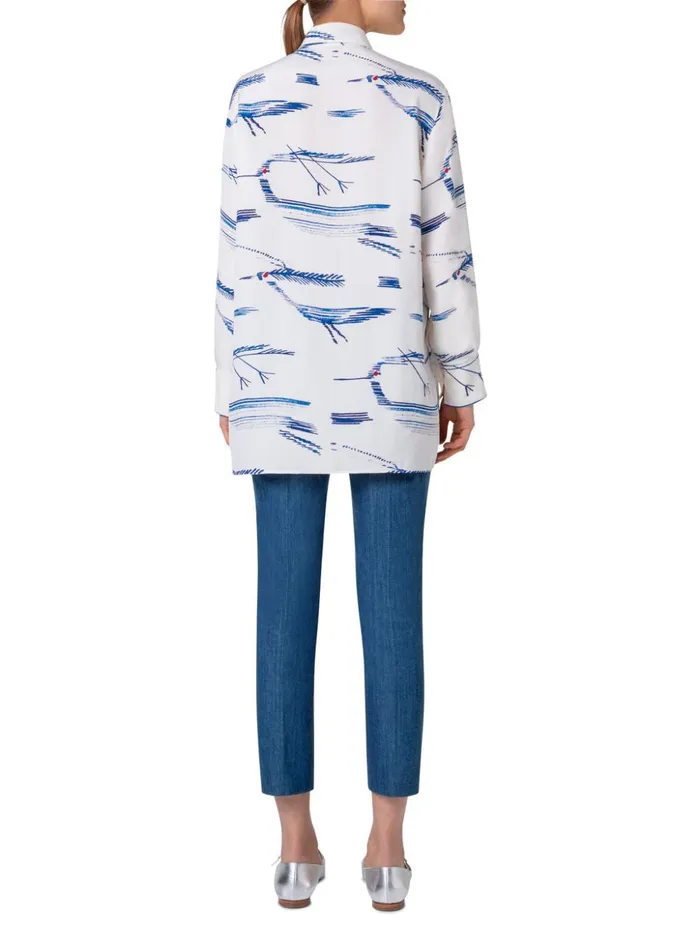Oversized Silk Tunic Blouse With Kasuri Birds Print Ecrudenim Women Akris Blouses