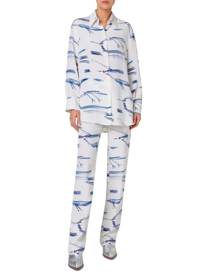 Oversized Silk Tunic Blouse With Kasuri Birds Print Ecrudenim Women Akris Blouses