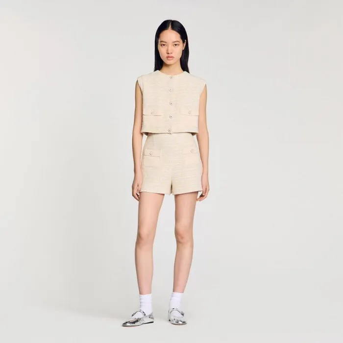 Pants and Shorts Women SANDRO Decorative Tweed Shorts Yellow Ecru