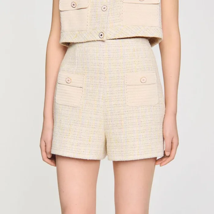 Pants and Shorts Women SANDRO Decorative Tweed Shorts Yellow Ecru