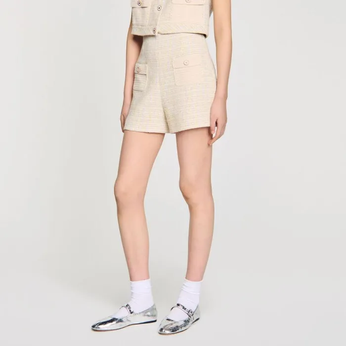 Pants and Shorts Women SANDRO Decorative Tweed Shorts Yellow Ecru