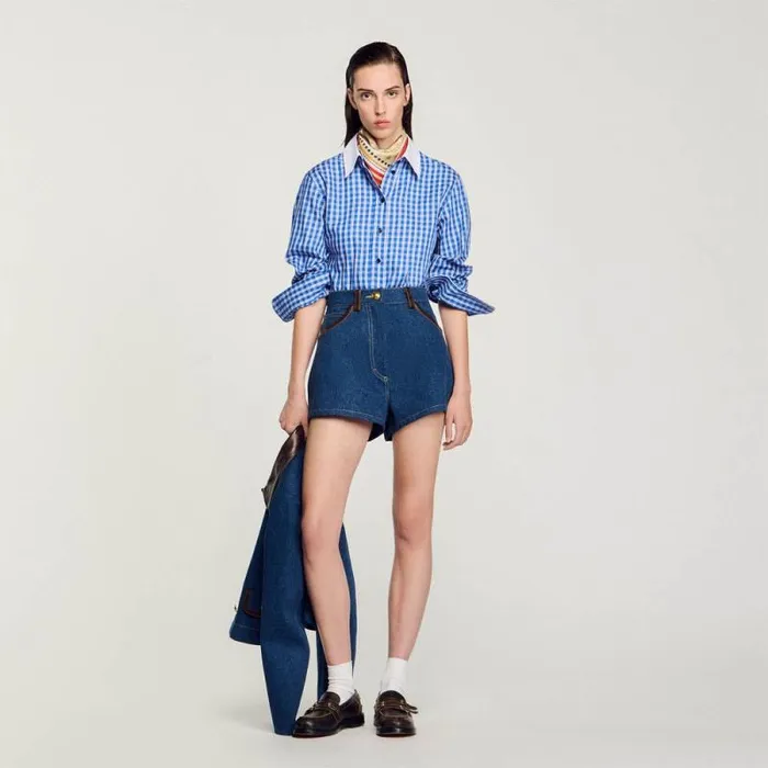 Pants and Shorts Women SANDRO Denim Shorts With Leather Details Blue