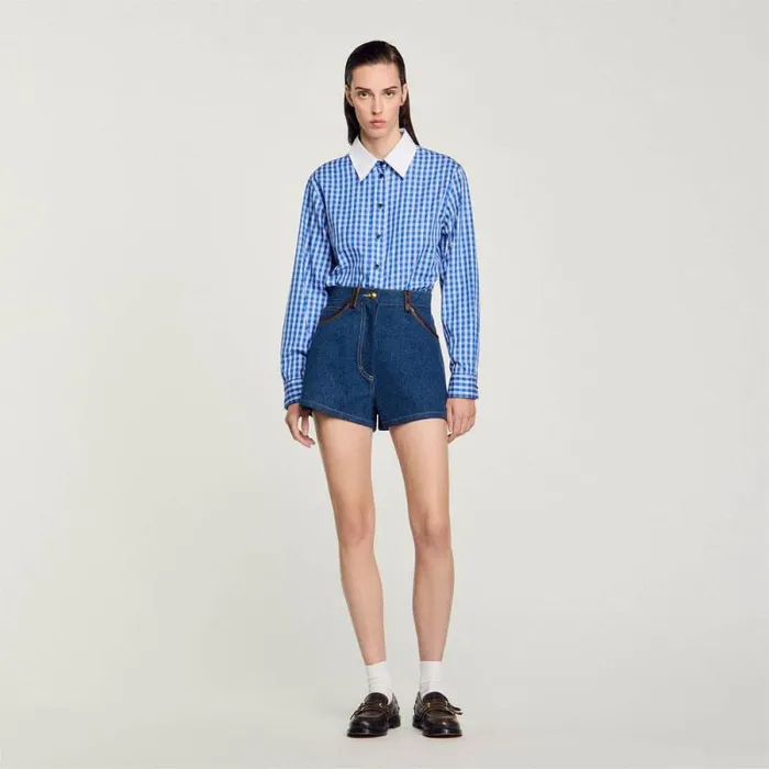Pants and Shorts Women SANDRO Denim Shorts With Leather Details Blue