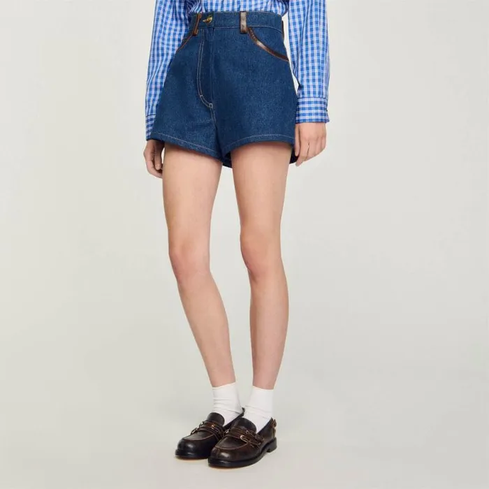 Pants and Shorts Women SANDRO Denim Shorts With Leather Details Blue