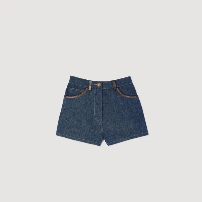 Pants and Shorts Women SANDRO Denim Shorts With Leather Details Blue