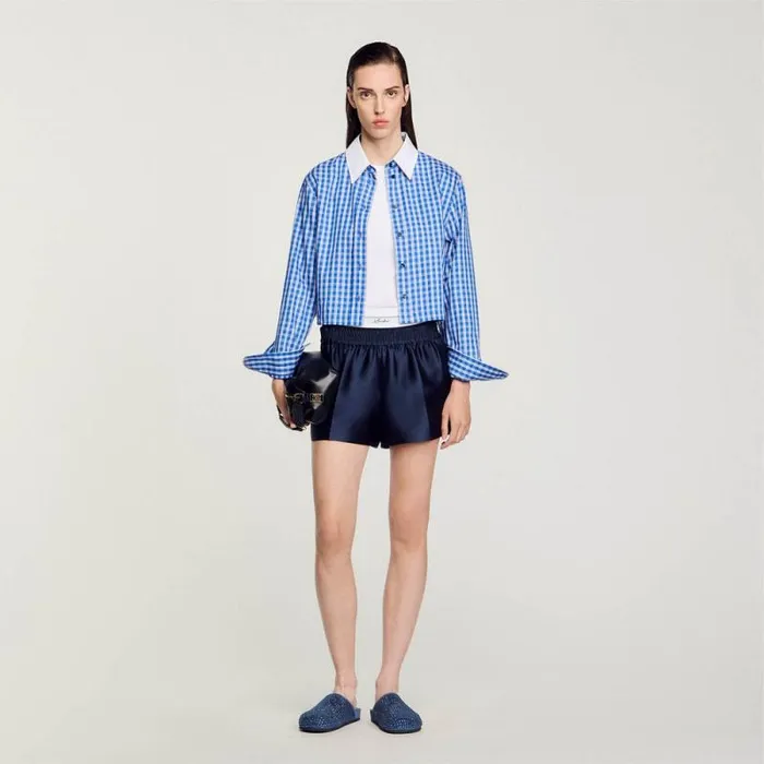 Pants and Shorts Women SANDRO Satin Shorts With Double Waistband Midnight Blue