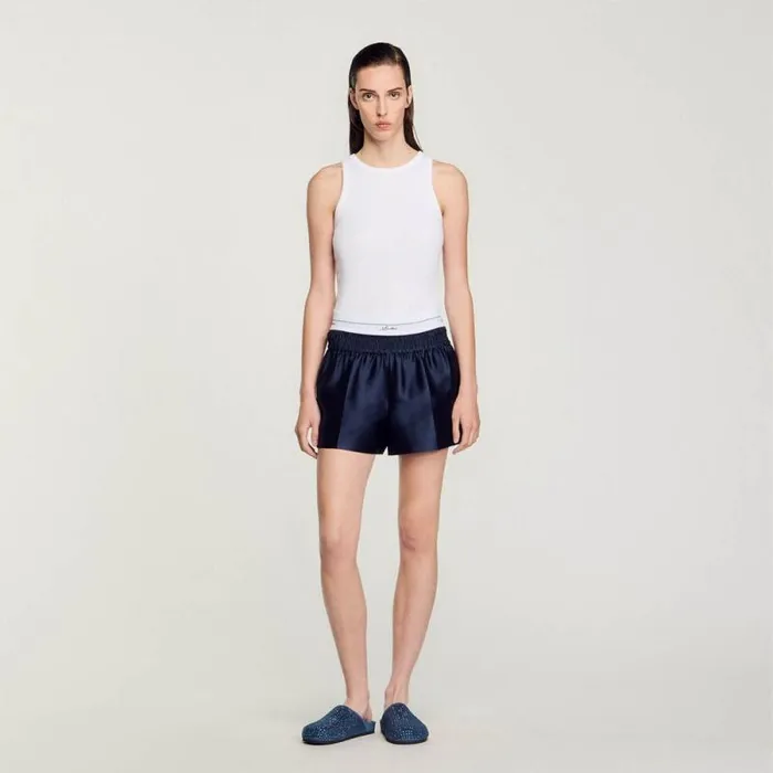 Pants and Shorts Women SANDRO Satin Shorts With Double Waistband Midnight Blue