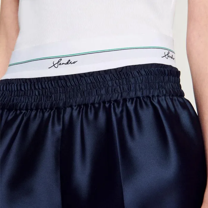 Pants and Shorts Women SANDRO Satin Shorts With Double Waistband Midnight Blue