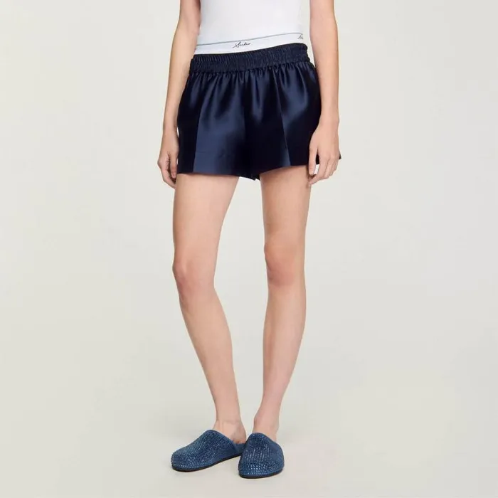 Pants and Shorts Women SANDRO Satin Shorts With Double Waistband Midnight Blue