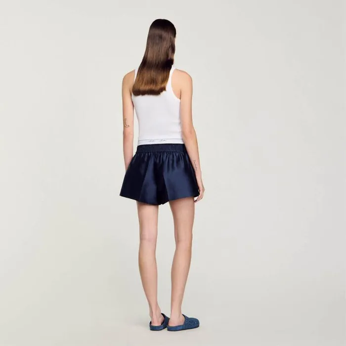 Pants and Shorts Women SANDRO Satin Shorts With Double Waistband Midnight Blue
