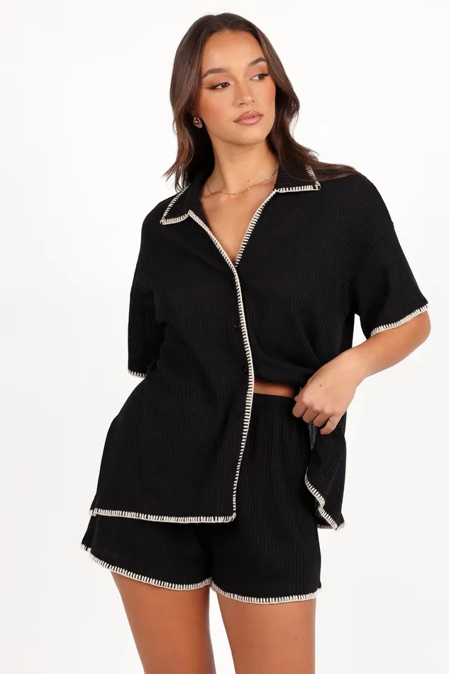 petalandpup Loungewear Women Essen Knit Shirt Set 8211 Black Cream Black Cream