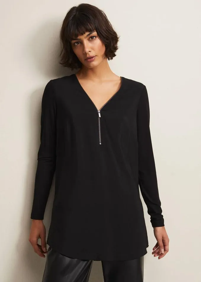 Phase Eight Alaina Longline Zip Detail Tunic Black Women Tops and TShirts