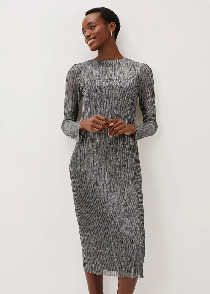 Phase Eight Alix Plisse Midi Dress Silver Women Dresses