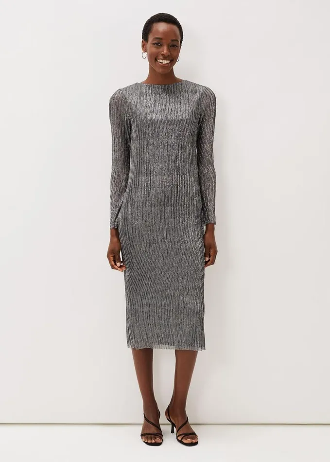 Phase Eight Alix Plisse Midi Dress Silver Women Dresses