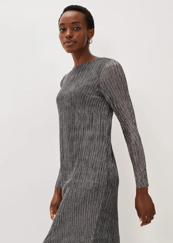 Phase Eight Alix Plisse Midi Dress Silver Women Dresses