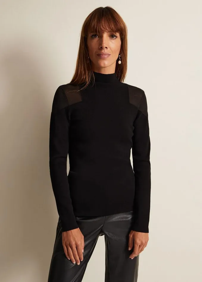 Phase Eight Amiee Sheer Cold Shoulder Knit Panel Top Black Women Knitwear