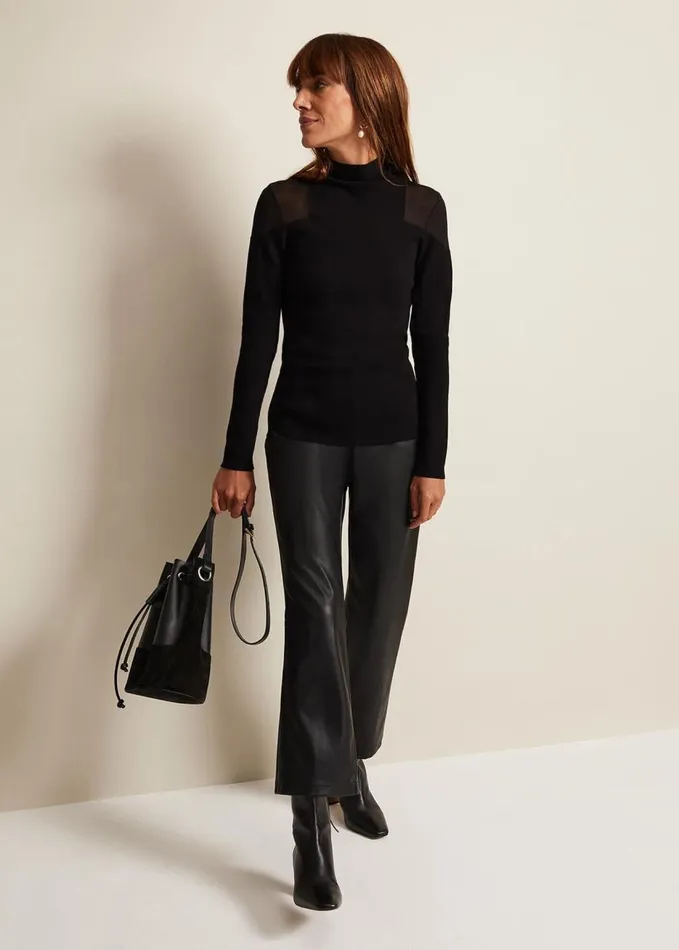 Phase Eight Amiee Sheer Cold Shoulder Knit Panel Top Black Women Knitwear