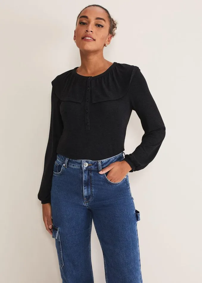 Phase Eight Anda Frill Detail Bor Top Charcoal Women Tops and TShirts