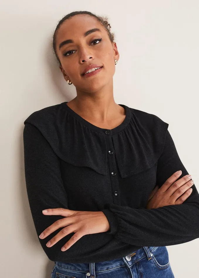 Phase Eight Anda Frill Detail Bor Top Charcoal Women Tops and TShirts