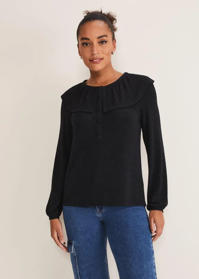 Phase Eight Anda Frill Detail Bor Top Charcoal Women Tops and TShirts